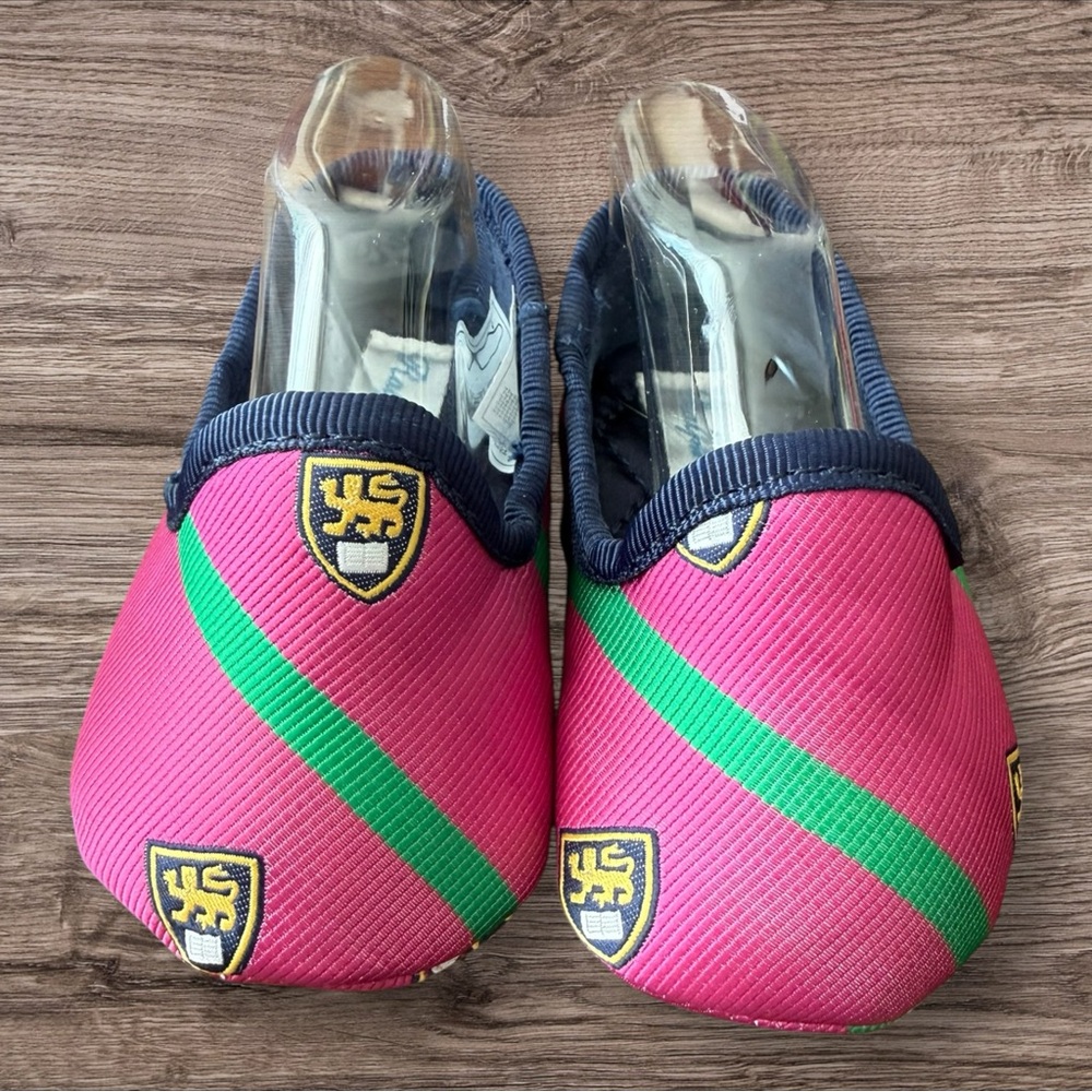 Ralph Lauren Layette Newborn Slippers Size 0 Pink Green Crest New Damaged Box